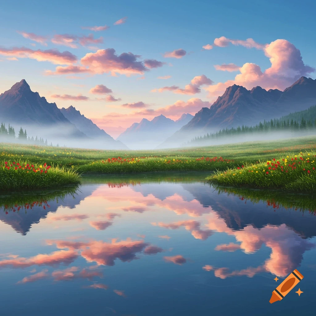 Serene mountainous landscape with a calm lake reflecting pink clouds at sunset or sunrise, surrounded by meadows of colorful wildflowers.