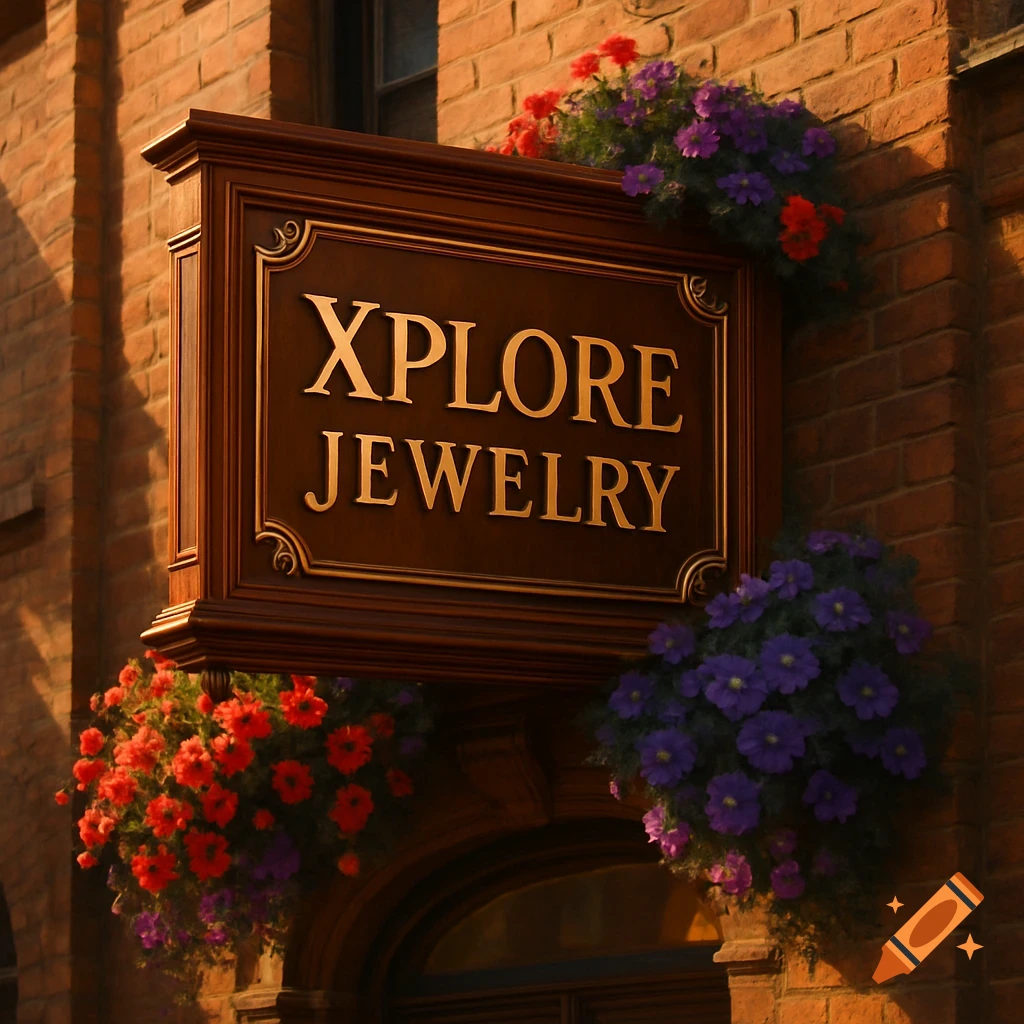 Photorealistic image of a 'XPLORE JEWELRY' sign on a brick building, surrounded by vibrant red and purple flowers.