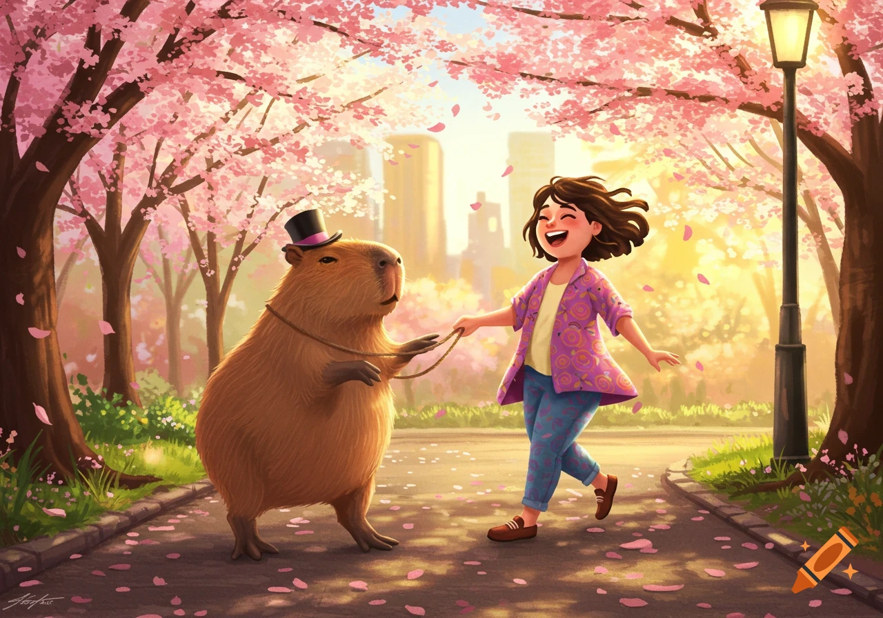 Happy girl walks a capybara in a top hat on a leash through a cherry blossom park at sunset, illustration.