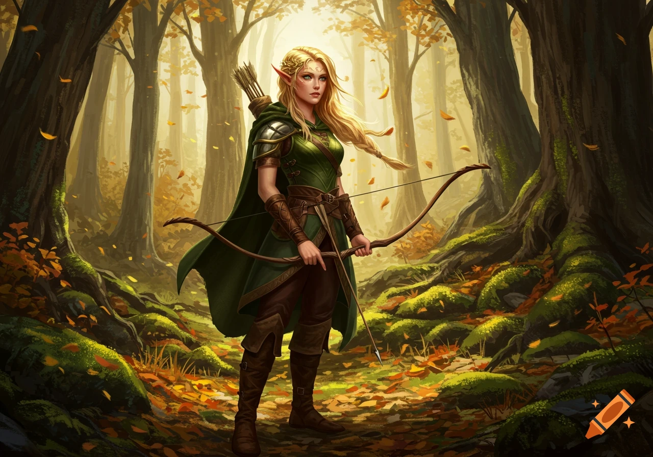 A blonde female elf archer in green and brown attire stands ready with a bow in an autumn forest, digital art.