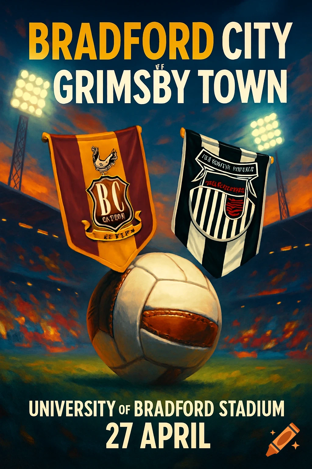 Stylized poster for a soccer match between Bradford City and Grimsby Town at University of Bradford Stadium, featuring club banners, a soccer ball, and stadium lights.