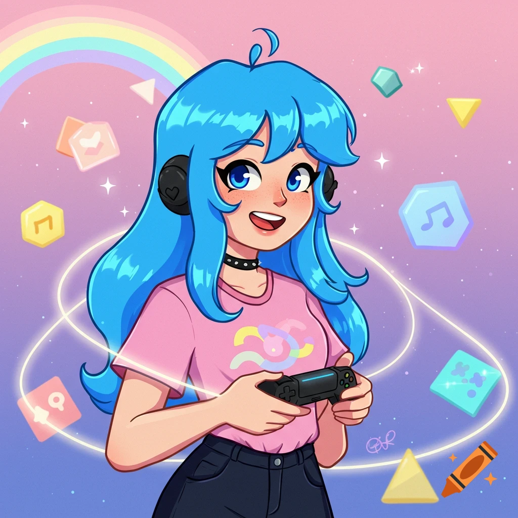 An anime girl with blue hair and headphones plays a video game, set against a pink and purple background with a rainbow and floating symbols.