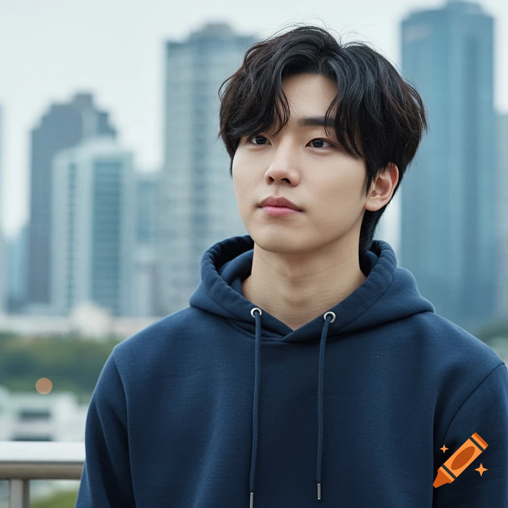 Young Korean man in a dark blue hoodie looks nonchalant with blurred city buildings in the background.