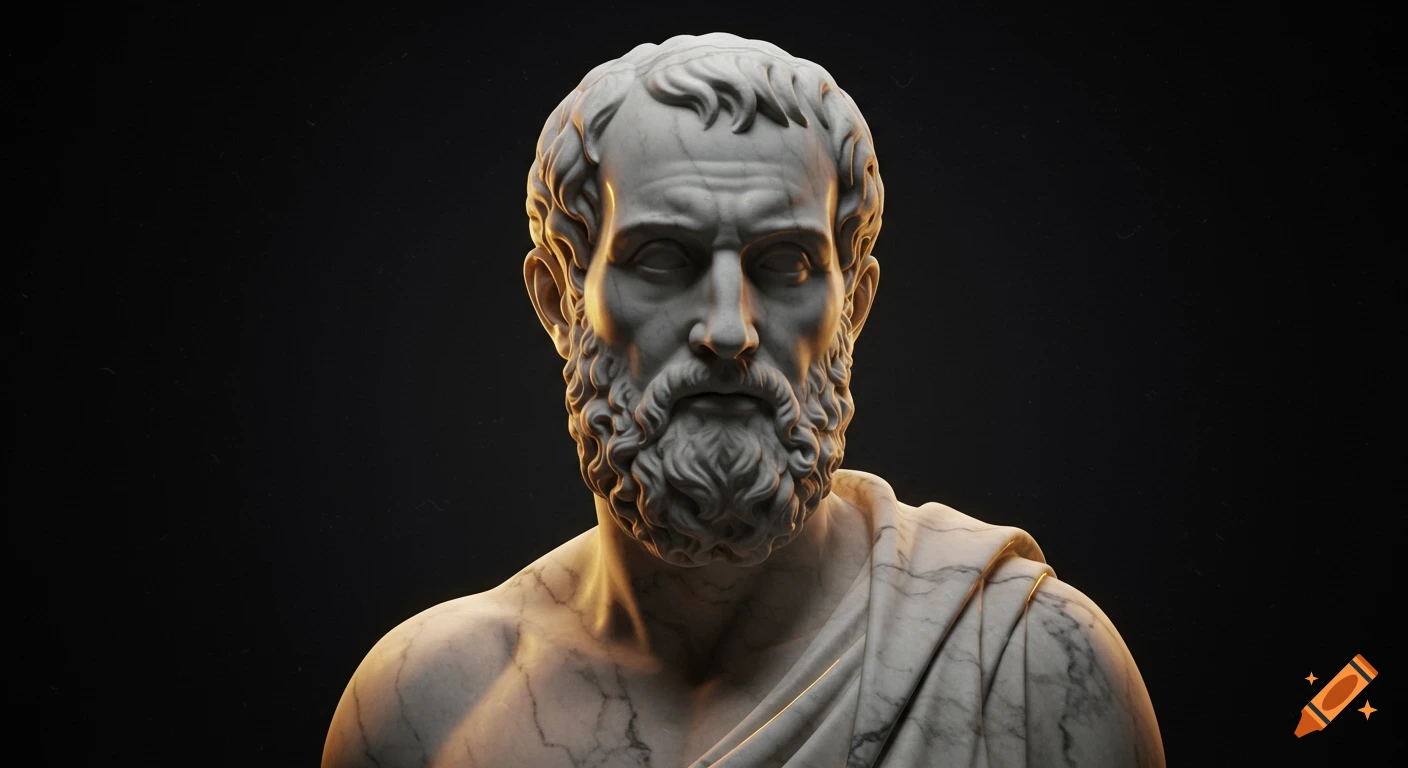 Detailed marble bust of a bearded man, illuminated by golden light against a dark background.