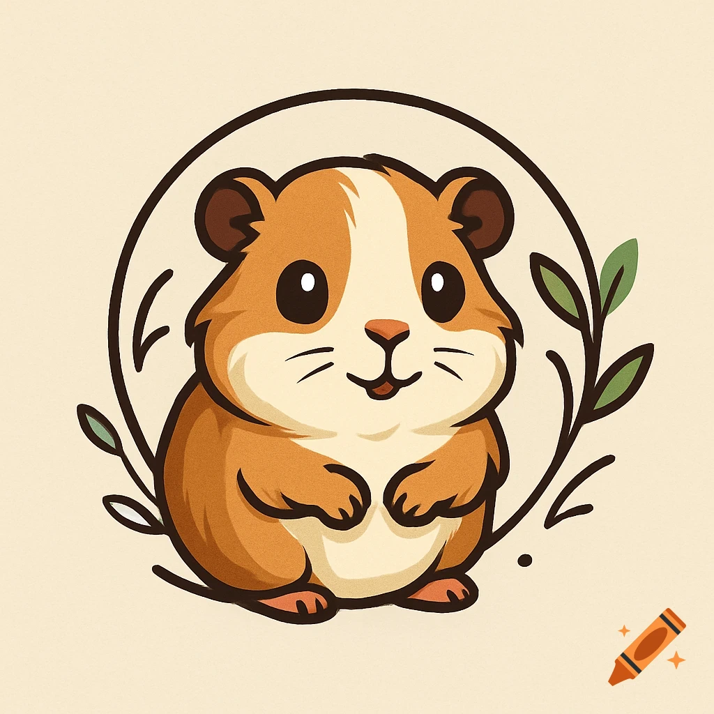 A cute, stylized cartoon guinea pig with a white stripe on its head, smiling within a circular border with green leaves, against a light beige background.