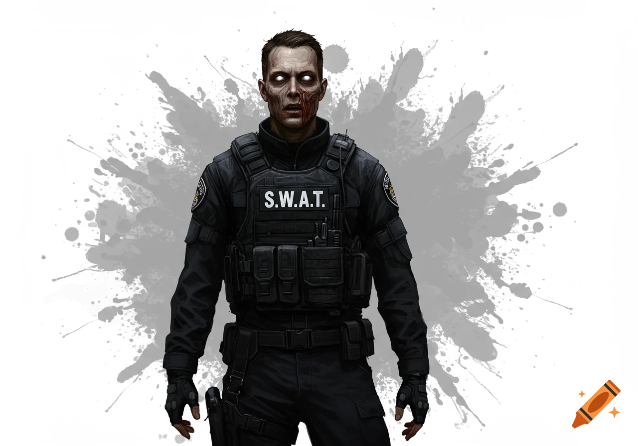 Zombie S.W.A.T. officer in black uniform with a bloody face and glowing eyes, white background with grey splatters, character art.