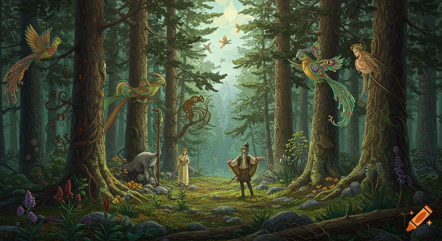 Intricate fantasy forest with stylized figures, colorful birds, and mythical creatures among tall evergreen trees, serigraph style.