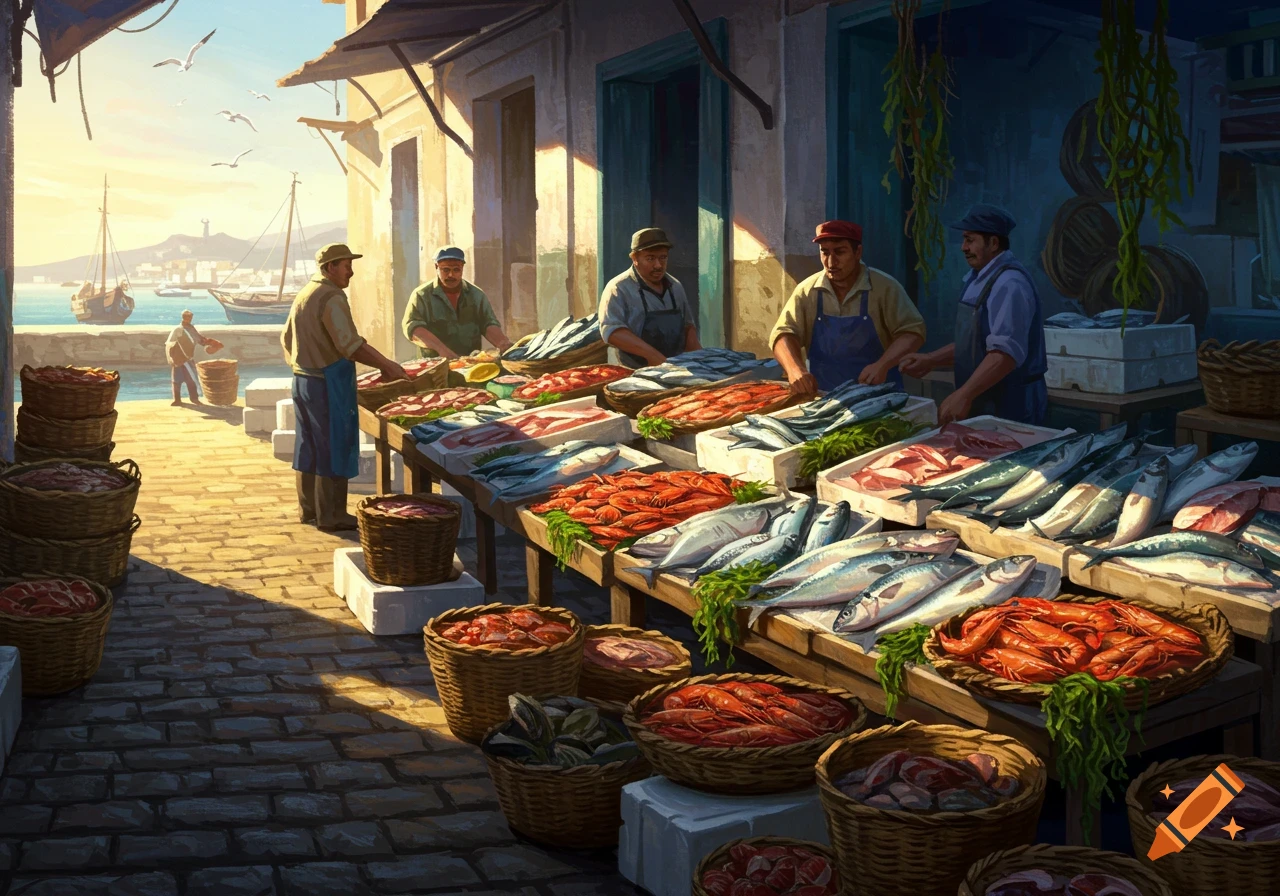 A vibrant painting of a bustling outdoor fish market with vendors selling fresh seafood by the sea under a sunny sky.