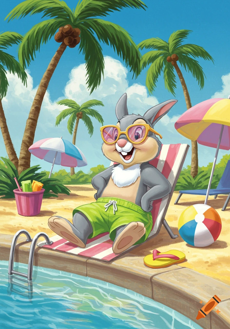 A cartoon grey rabbit wearing orange sunglasses and green swim shorts, lounging on a striped beach chair by a pool with palm trees in the background.