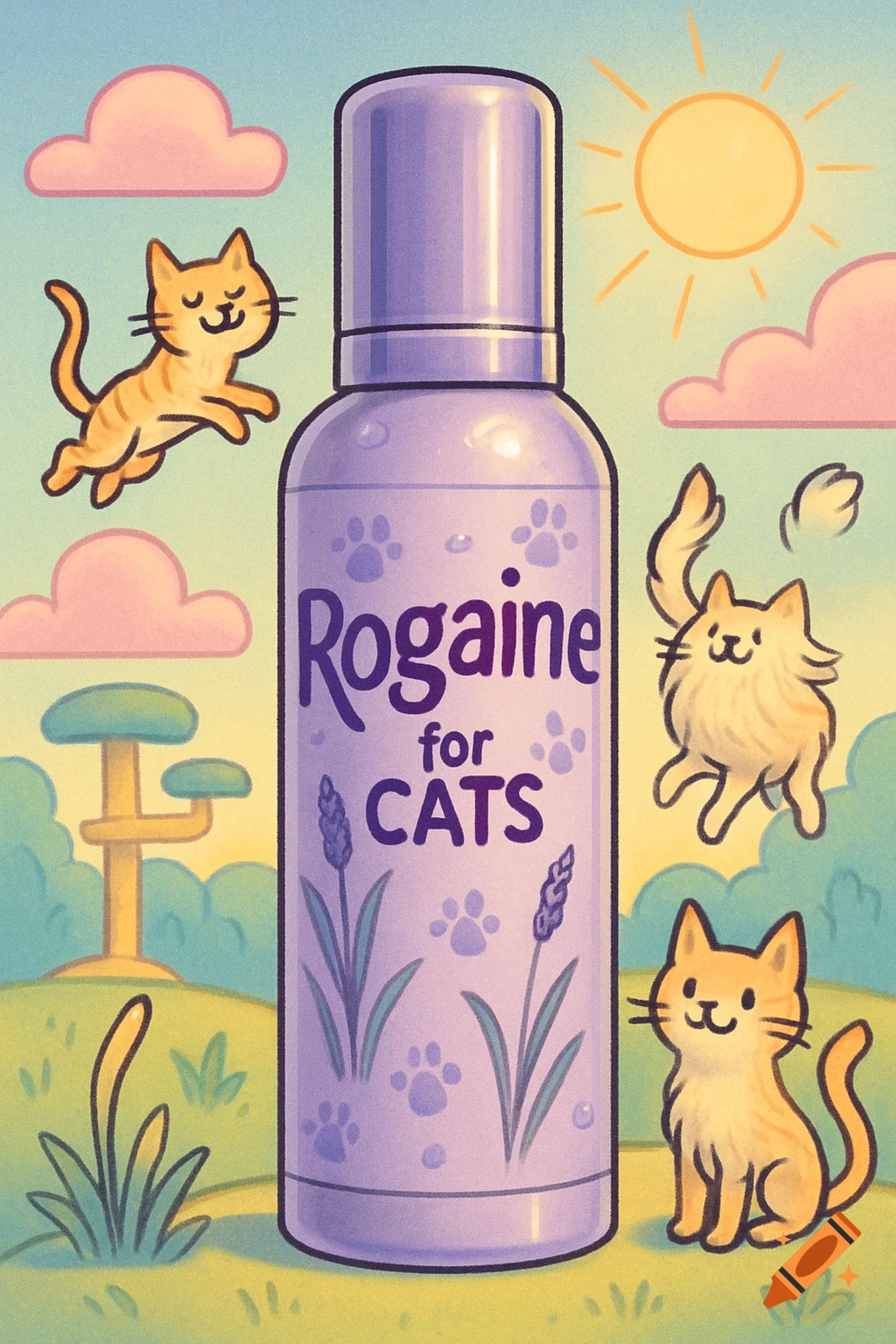 A cartoon illustration of a purple 'Rogaine for CATS' bottle with happy orange cats, clouds, sun, and a cat tree in a pastel landscape.