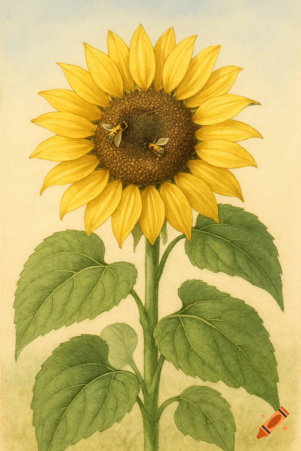 Detailed botanical illustration of a sunflower with two bees on its dark center, surrounded by large green leaves.
