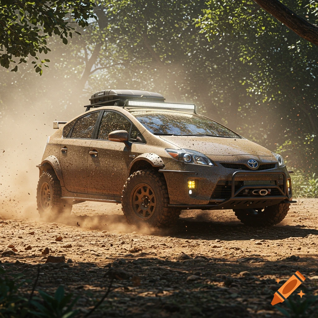 A muddy, modified Toyota Prius off-roading on a dirt path in a sunlit forest, kicking up dust. Photorealistic.