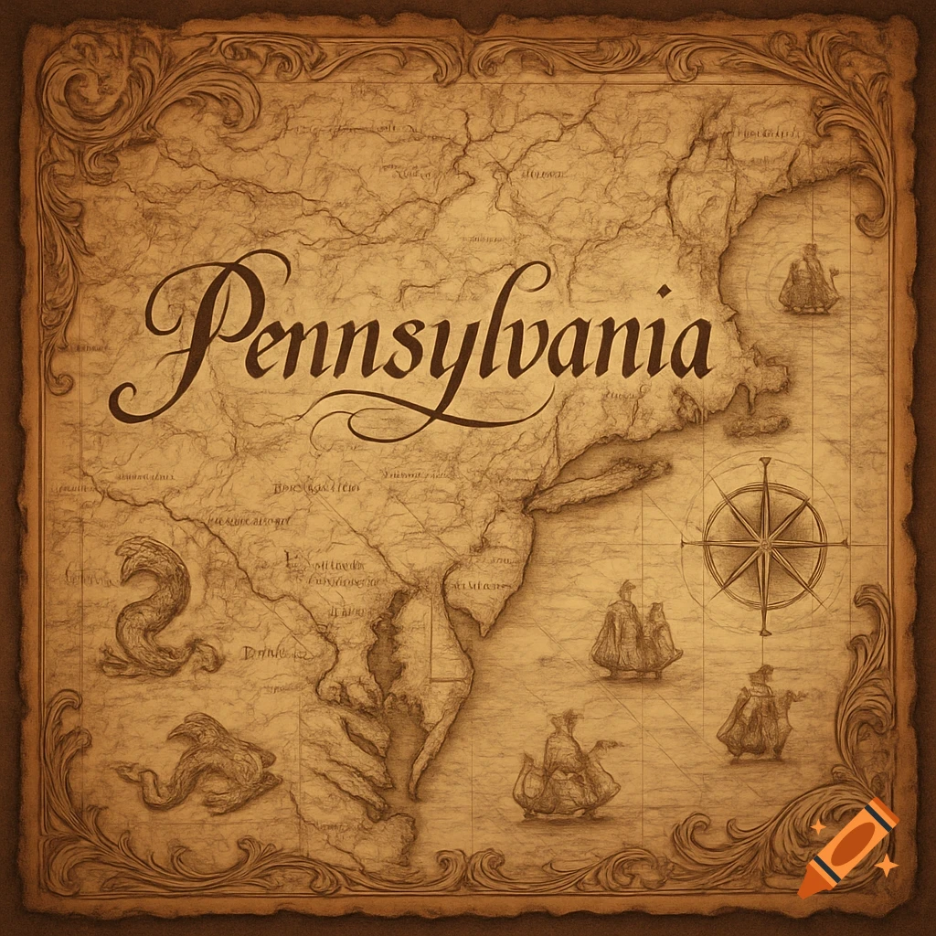 Vintage map of the New World, with 'Pennsylvania' in elegant script, surrounded by ornate borders, ships, and sea creatures.