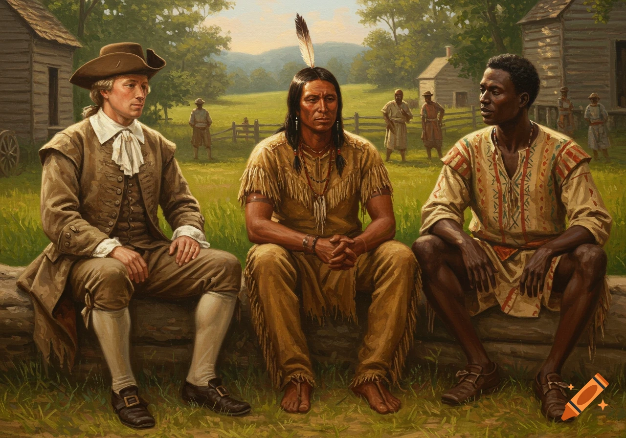 A painting of a European colonist, a Native American, and an African man sitting on a log in a colonial setting.