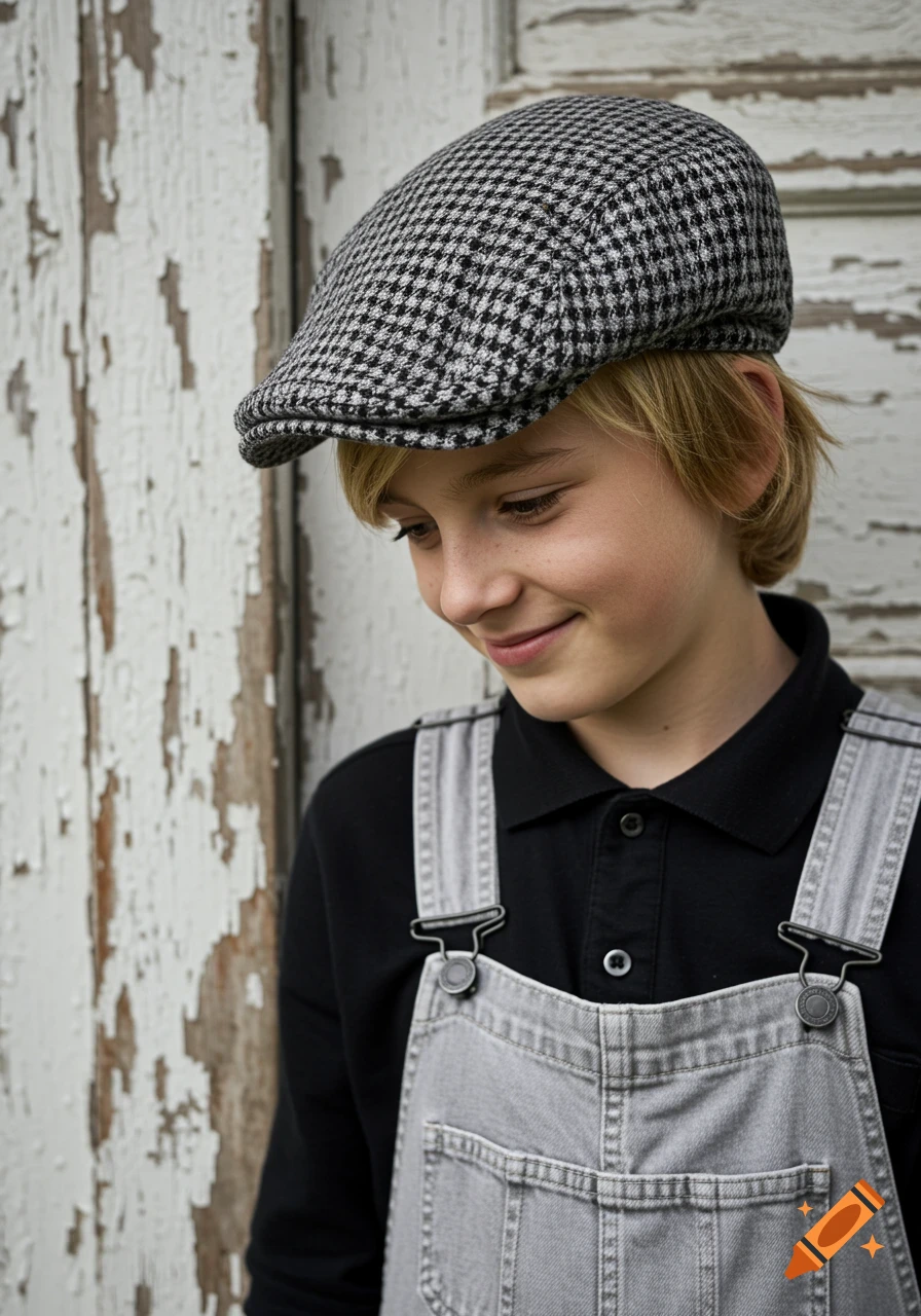 A blonde boy in a houndstooth flat cap and denim overalls smiles, looking down next to a peeling white doorframe. Photorealistic.