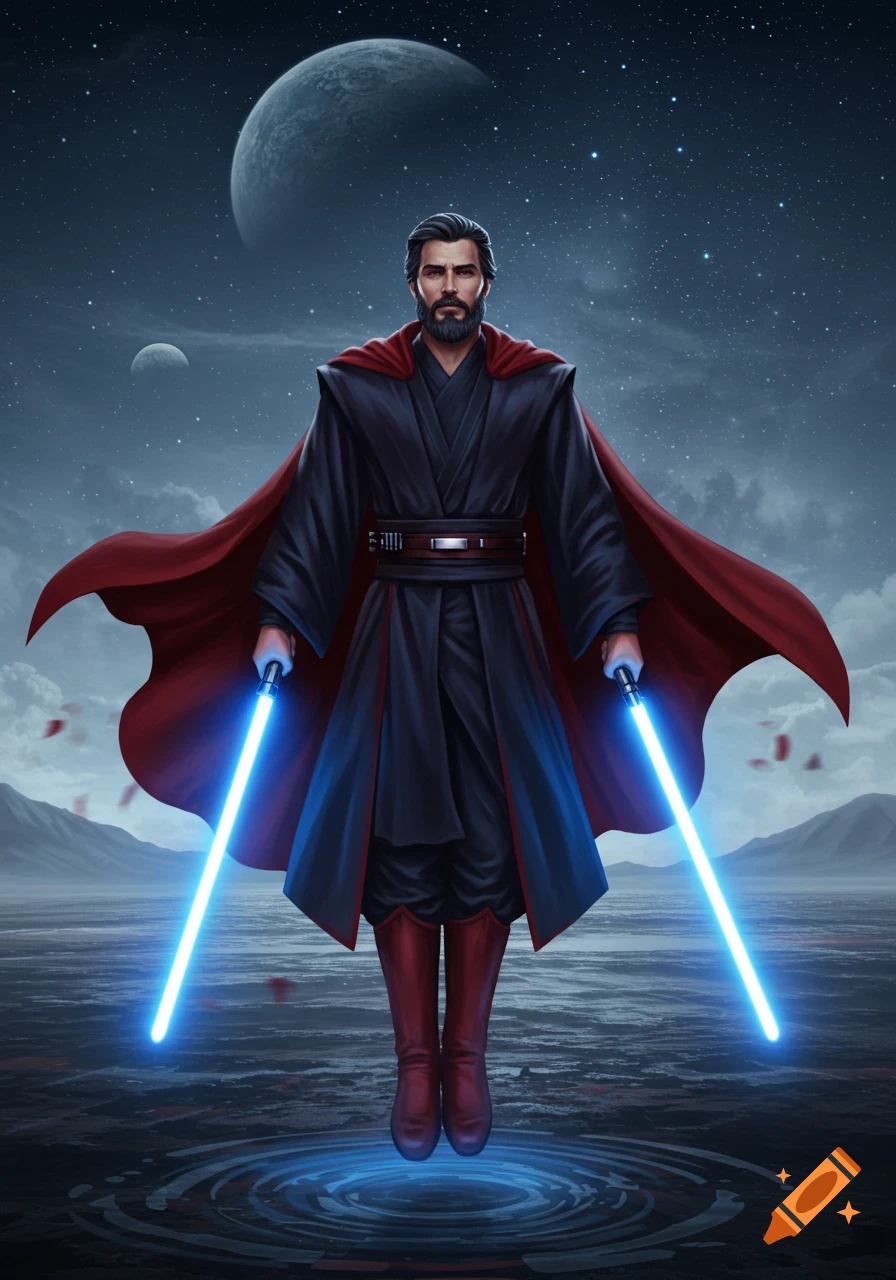 A bearded Jedi knight in dark robes and red cape floats, holding two blue lightsabers, under a starry sky with planets.