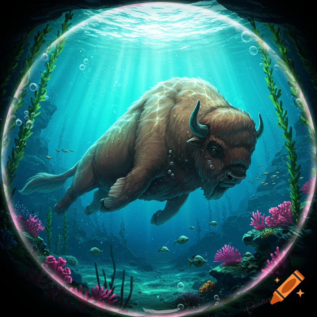 A majestic brown sea bison with small horns swims in a vibrant underwater scene, surrounded by coral, fish, and seaweed, enclosed within a glowing spherical border. Digital art.