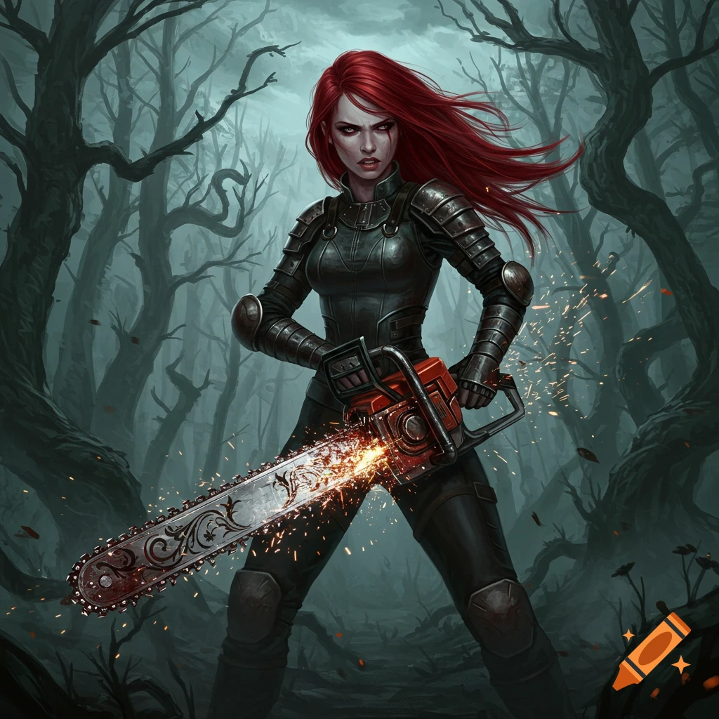 A red-haired woman in dark armor holds a sparking chainsaw in a gloomy, twisted forest, depicted in a dark fantasy art style.