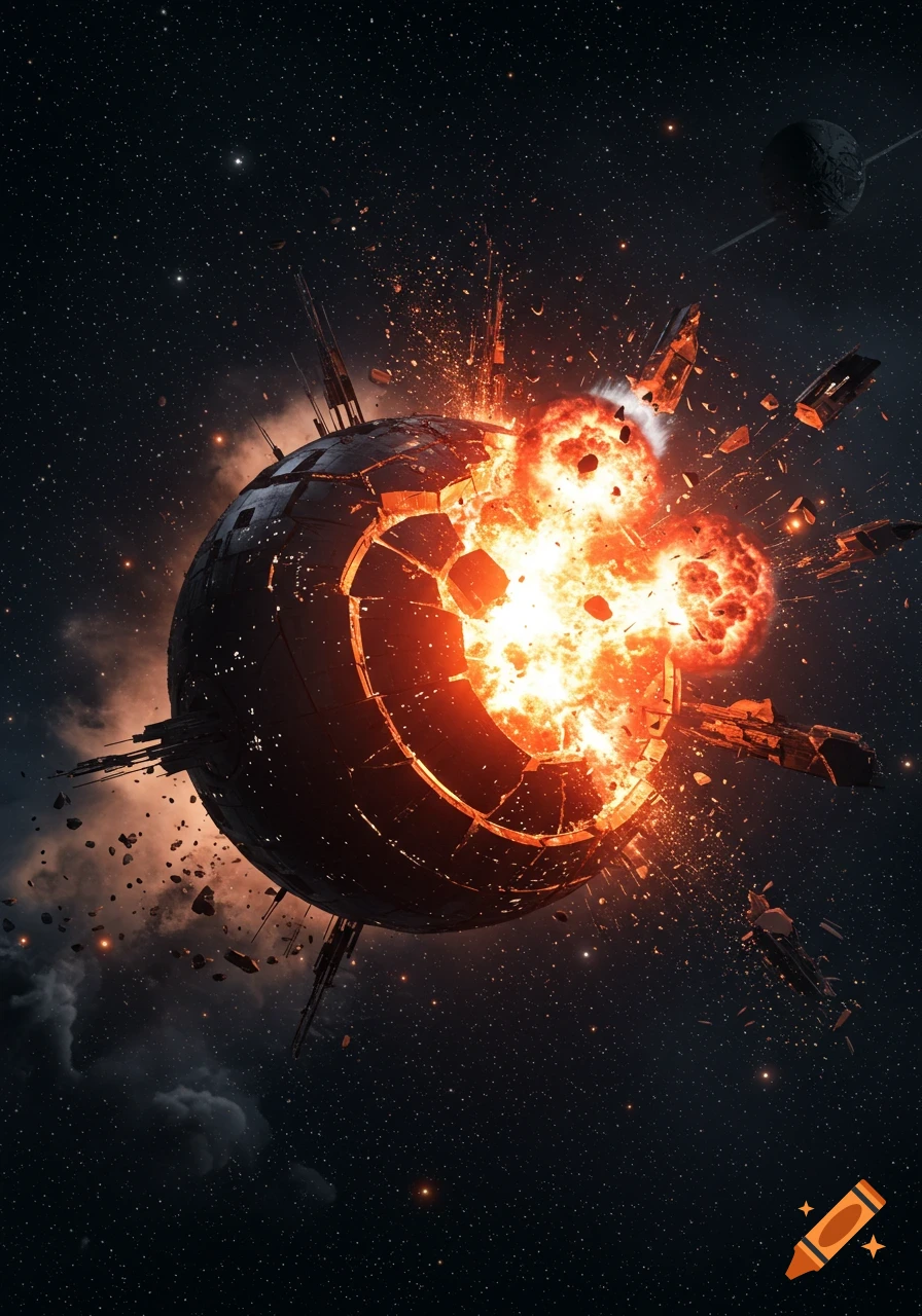 A massive spherical spaceship explodes in outer space, breaking into pieces amidst a fiery blast and flying debris, with stars and a distant planet in the background.