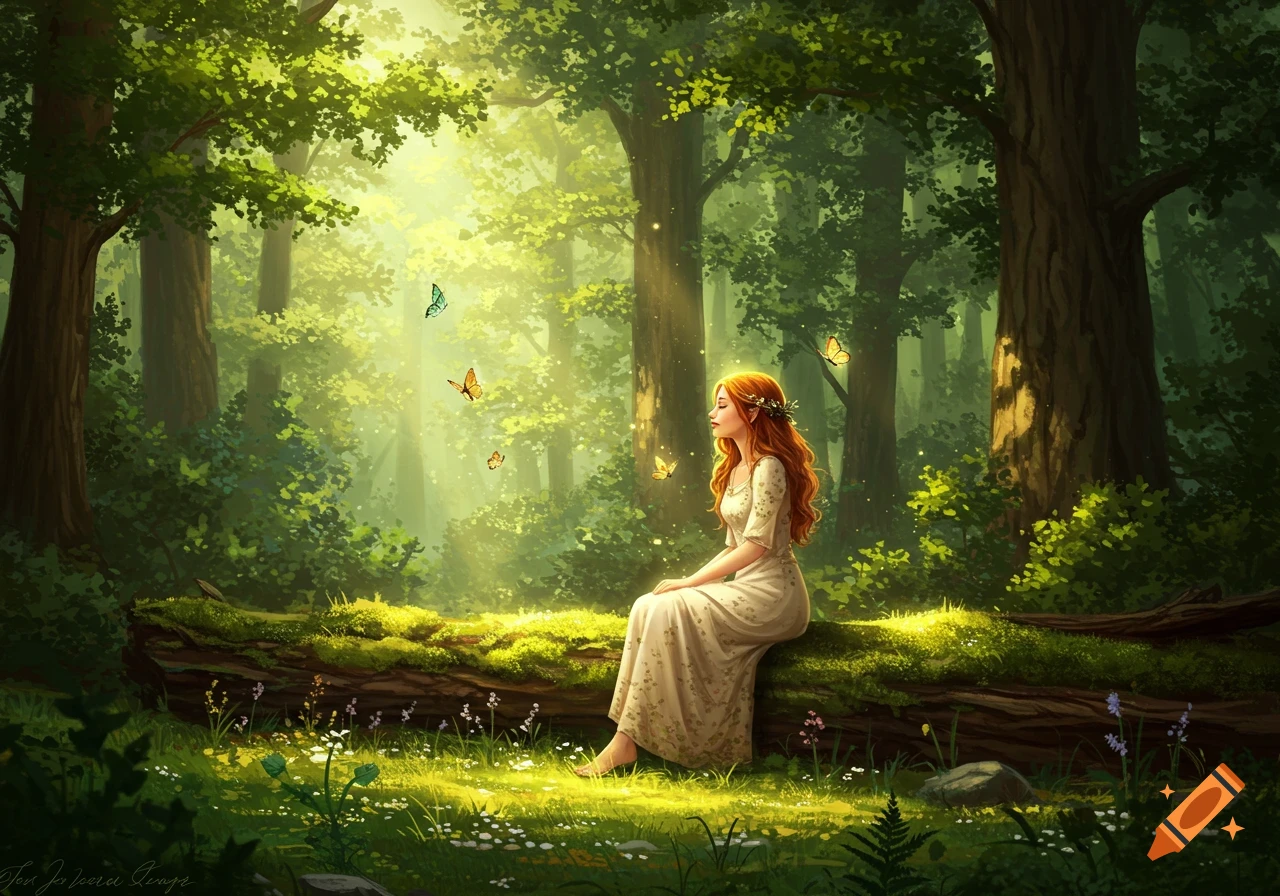 A red-haired woman in a white dress sits on a mossy log in a sunlit forest, surrounded by butterflies. Digital painting.