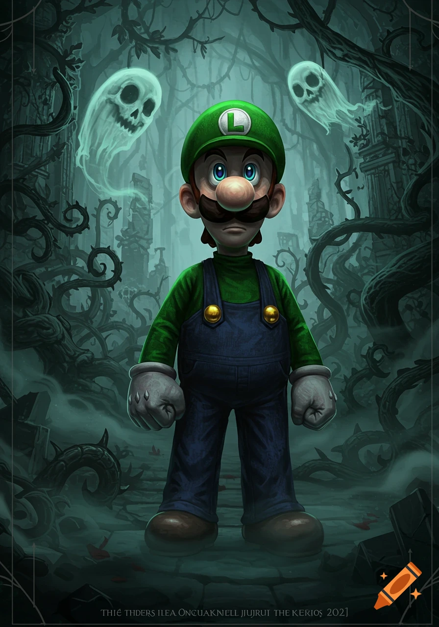 Luigi stands in a dark, overgrown, forsaken forest with two ghostly skulls floating behind him in a stylized, dark art style.