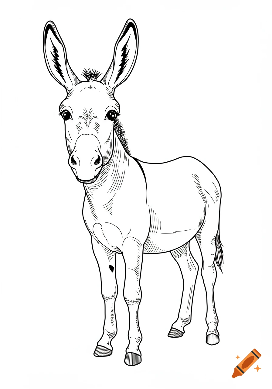 Black and white line art drawing of a donkey standing and looking forward, suitable for a tattoo.