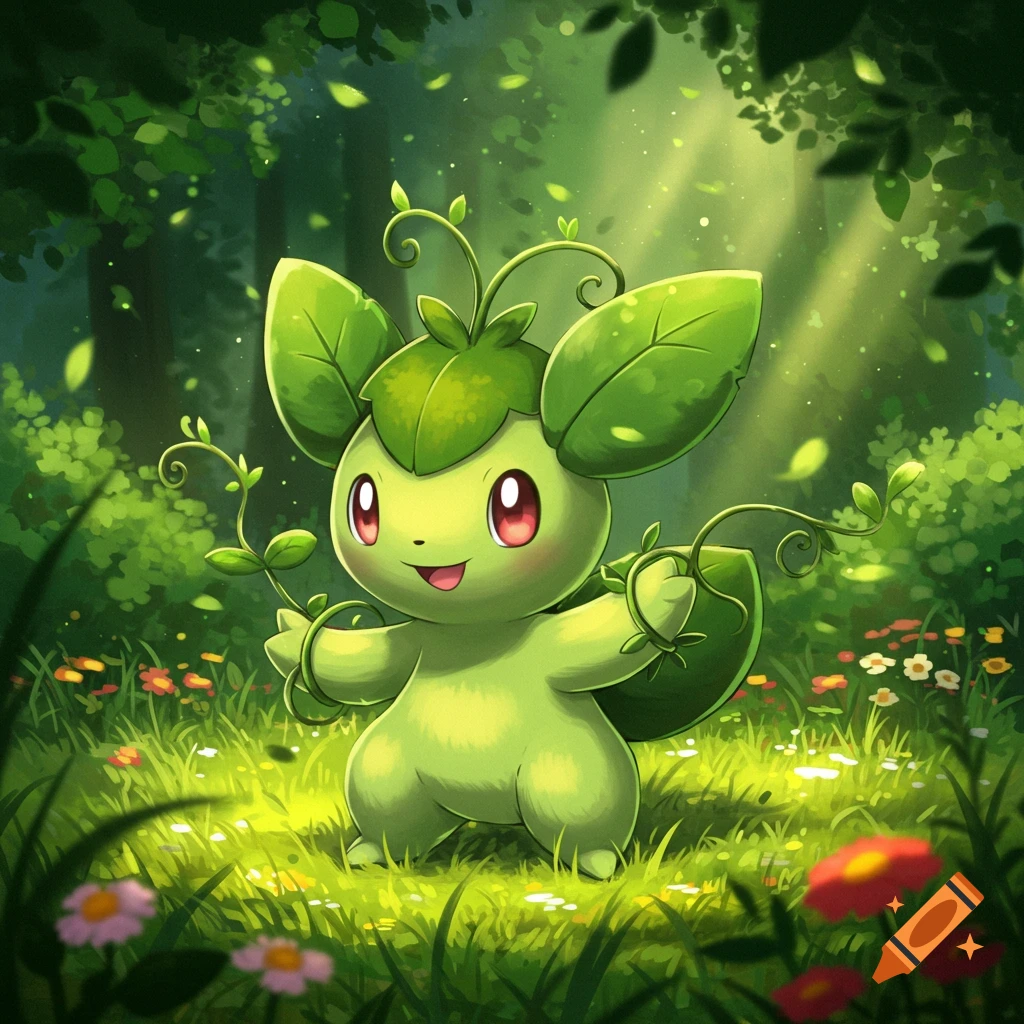 A cute, green, plant-like creature with big leaf ears stands in a sunlit forest with flowers, in an anime illustration style.