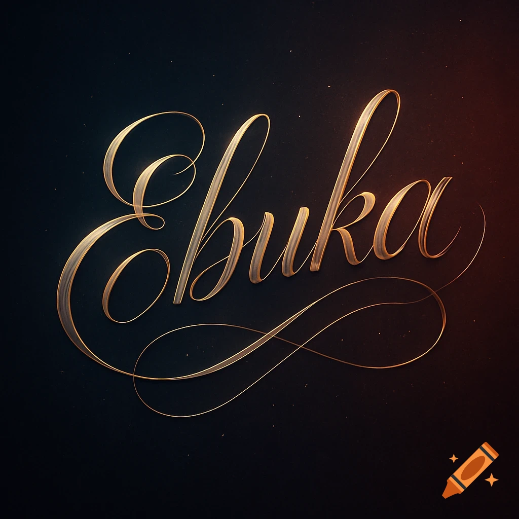 Elegant golden script spelling 'Ebuka' on a dark background with subtle lighting and decorative flourishes.