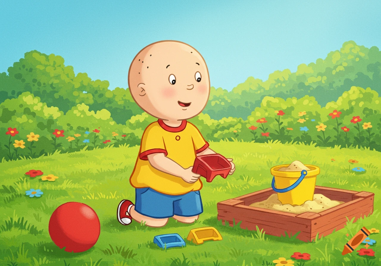 Cartoon Caillou plays in a sandbox with a yellow bucket, red spade, and molds, in a sunny garden with flowers and trees.