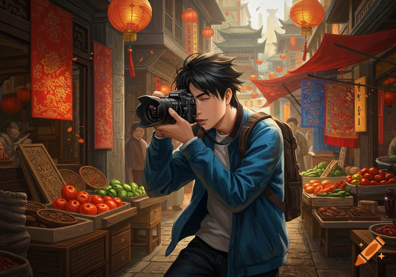 Anime-style man in blue jacket photographs a bustling traditional Chinese market street with vendors, lanterns, and banners.