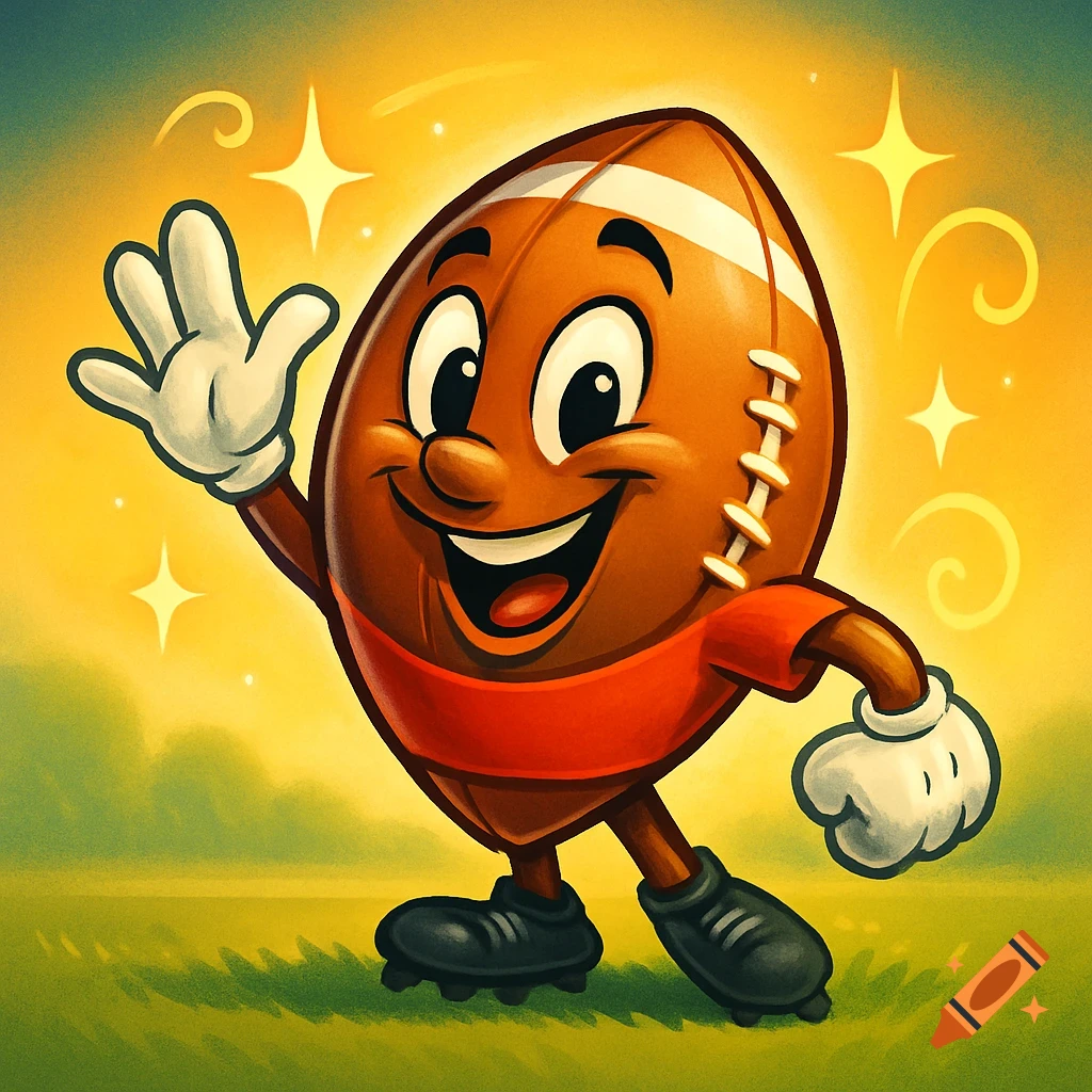 A cute, smiling cartoon football character with arms, legs, and gloves, waving against a bright, grassy background.