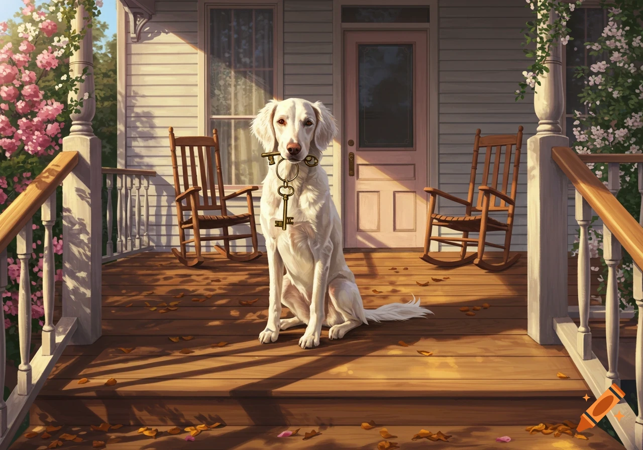 A white dog sits on a sunny wooden porch, holding a ring of antique keys in its mouth, with pink flowers and rocking chairs in the background.