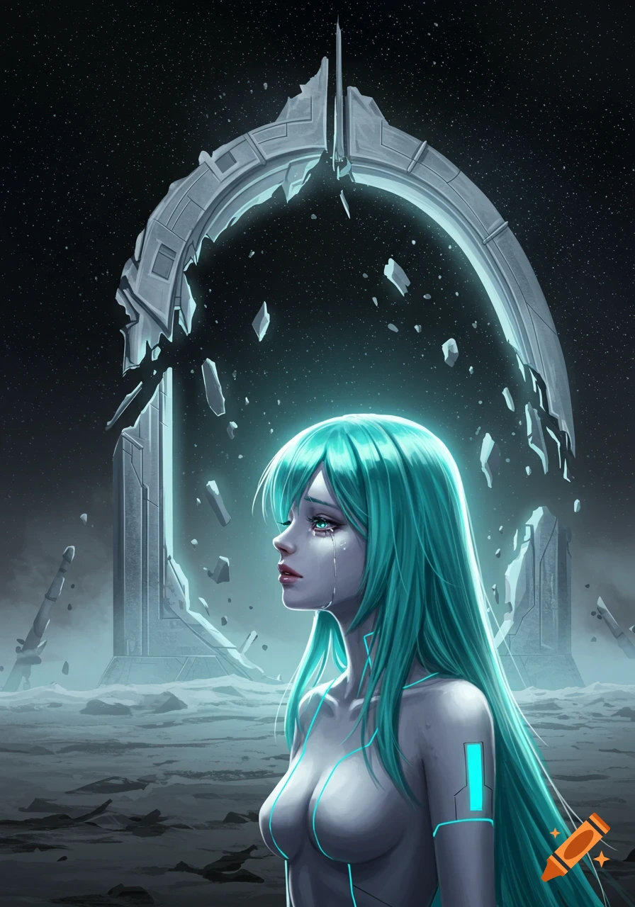 A crying anime space girl with teal hair stands on a barren planet before a ruined futuristic portal in space.