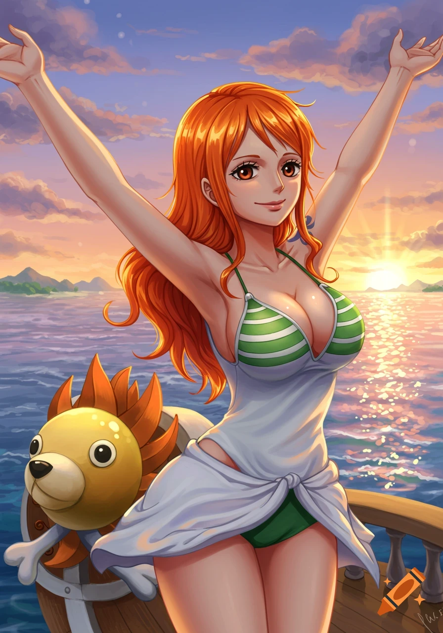Anime illustration of Nami from One Piece smiling with arms outstretched on a ship deck at sunset over the ocean.
