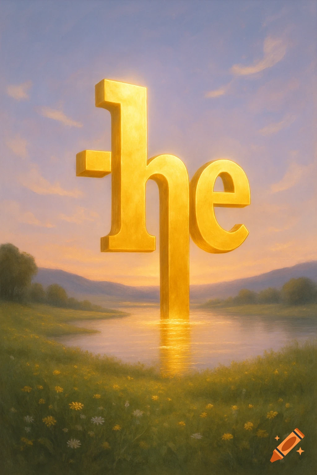 Giant golden 'the' letters rise from a shimmering lake at sunset, surrounded by a serene, grassy landscape.