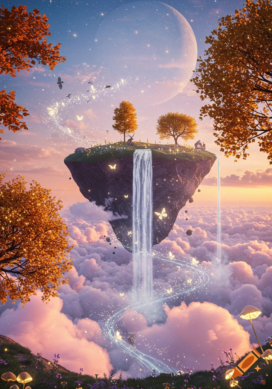 A magical floating island with waterfalls, glowing butterflies, and autumn trees above pink and purple clouds under a large moon.