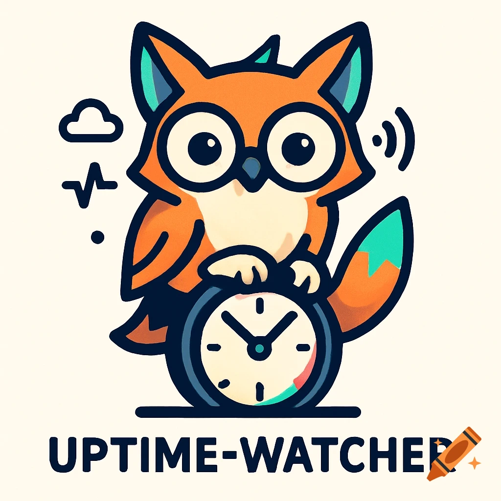 A whimsical vector logo of an orange fox-owl hybrid mascot holding a clock, with cloud and signal icons, and the text "UPTIME-WATCHER".