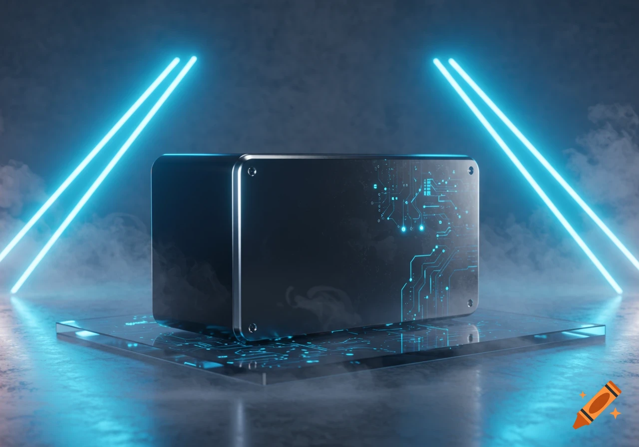 Futuristic black rectangular box with blue circuit patterns on a transparent platform, illuminated by neon blue lights and smoke.