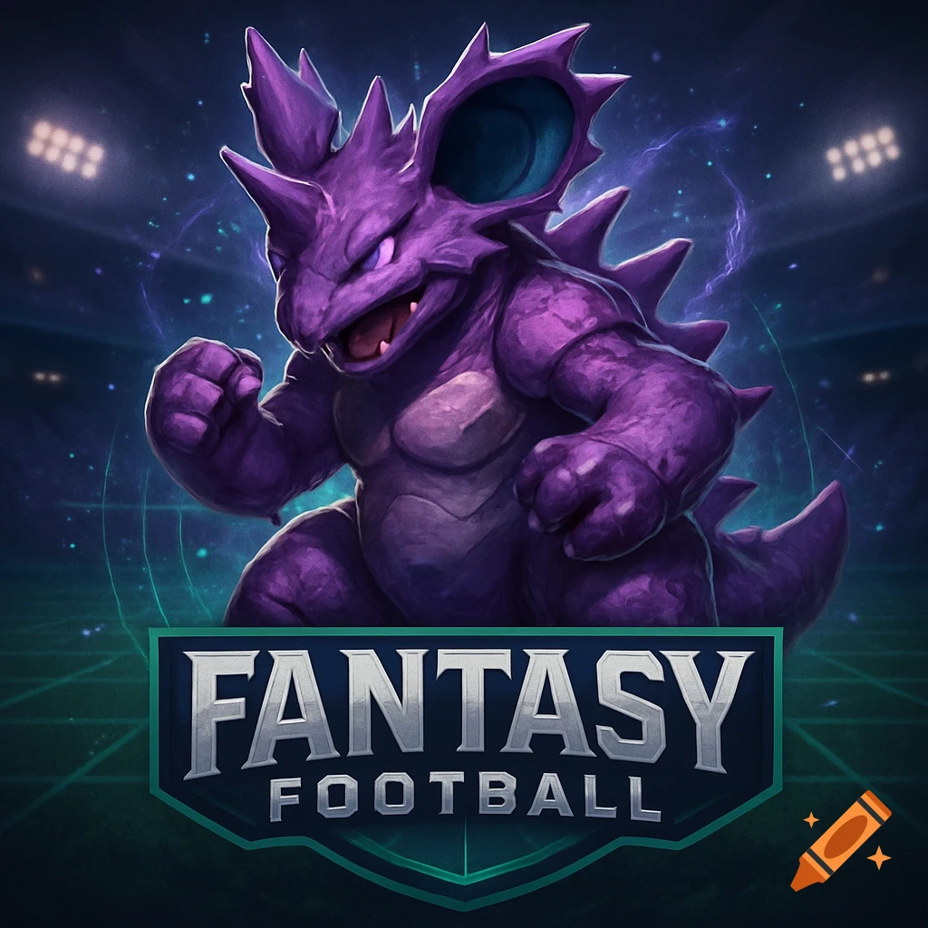 A purple Nidoking Pokemon in a football stadium, with a 'FANTASY FOOTBALL' logo below. Illustrated fantasy art style.