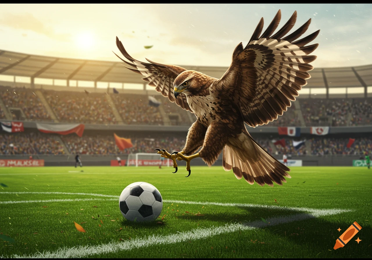 A majestic hawk with open wings hovers over a soccer ball on a green field in a stadium, illustrated with realism.