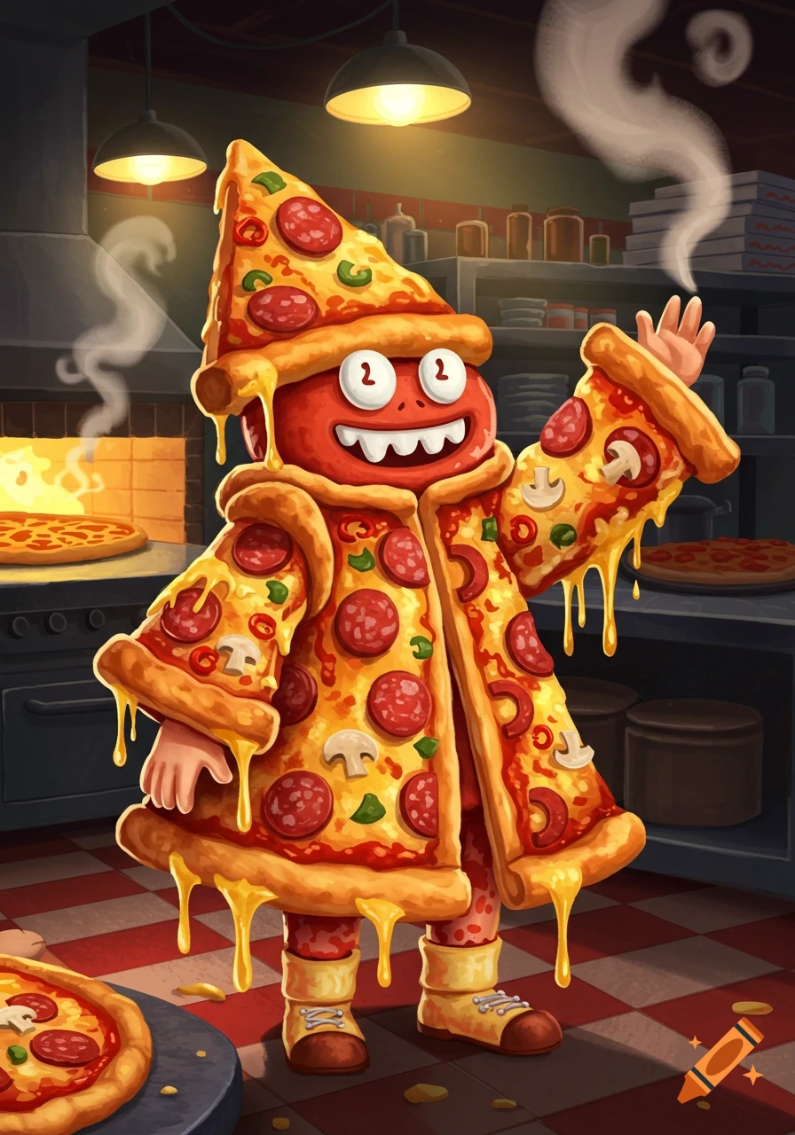 A goofy, smiling cartoon pizza character wearing a pizza coat and hat, holding a slice, stands in a kitchen with a pizza oven. Colorful illustration.
