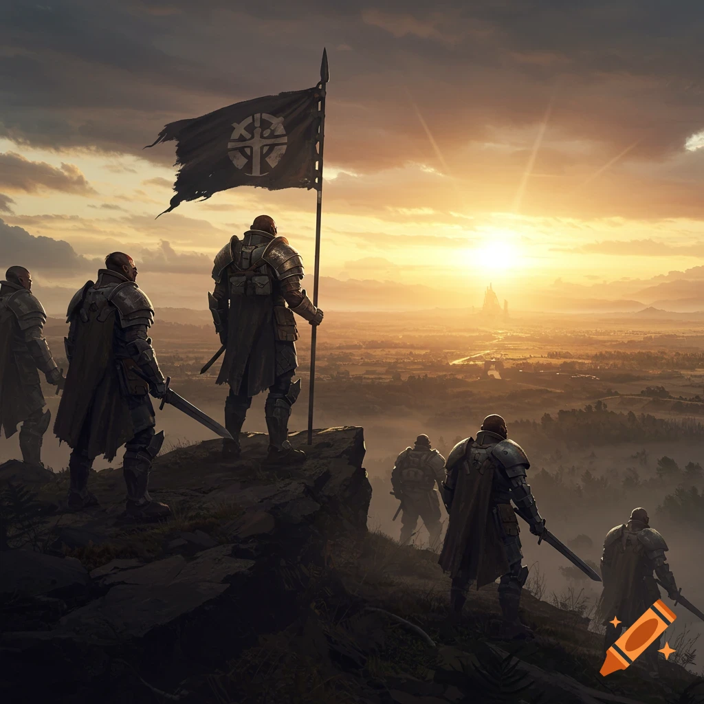 Armored warriors stand on a cliff, holding a flag with an emblem, overlooking a vast fantasy landscape at sunset.