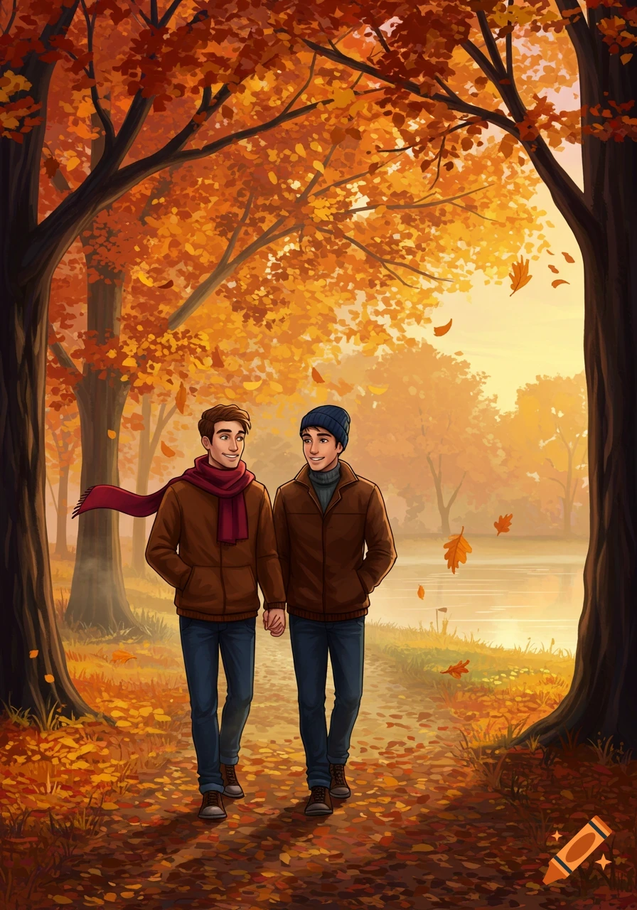Two boyfriends walk hand-in-hand on a path through a vibrant autumn forest with orange and red leaves, in an illustrated style.