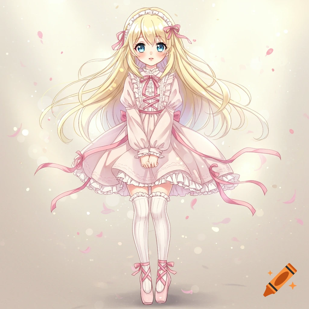 Anime illustration of a cute young woman with long blonde hair and blue eyes, wearing a pink dress and ballet shoes.