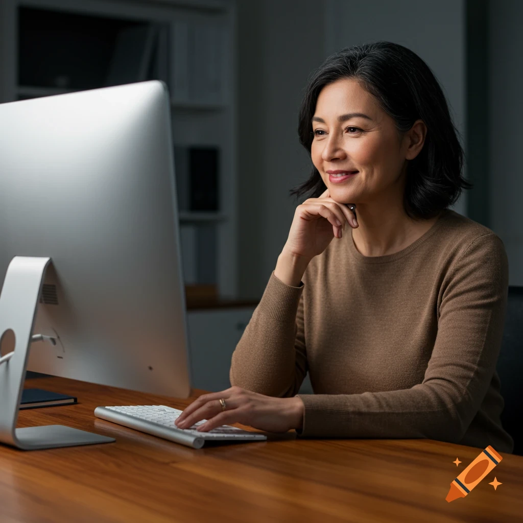 A happy middle-aged woman with dark hair smiles while looking at a computer screen, typing on a keyboard at a wooden desk.