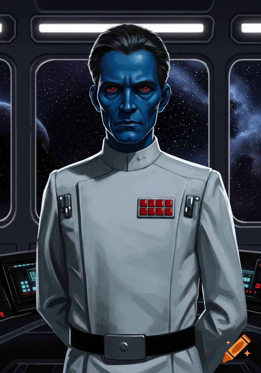 Illustration of Grand Admiral Thrawn, a blue-skinned man with red eyes in a white uniform, standing on a spaceship bridge with stars and planets visible.