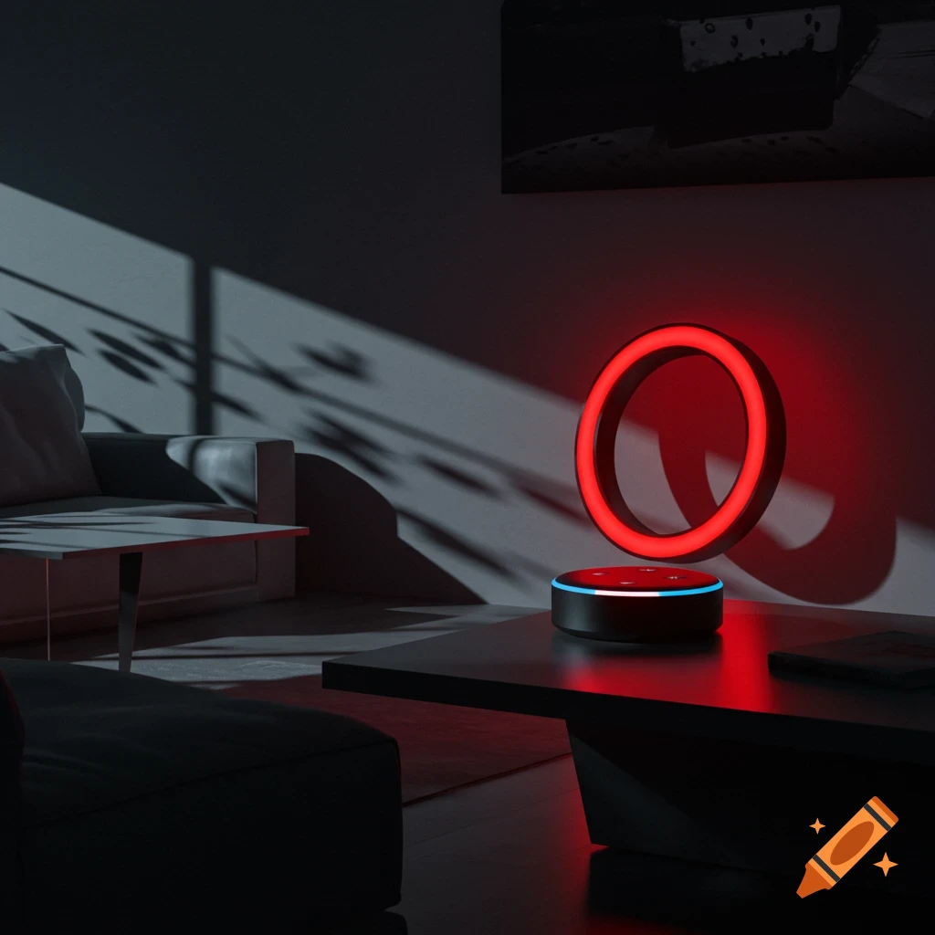 An Amazon Echo Dot with a floating red glowing ring on a dark coffee table in a dimly lit modern living room.