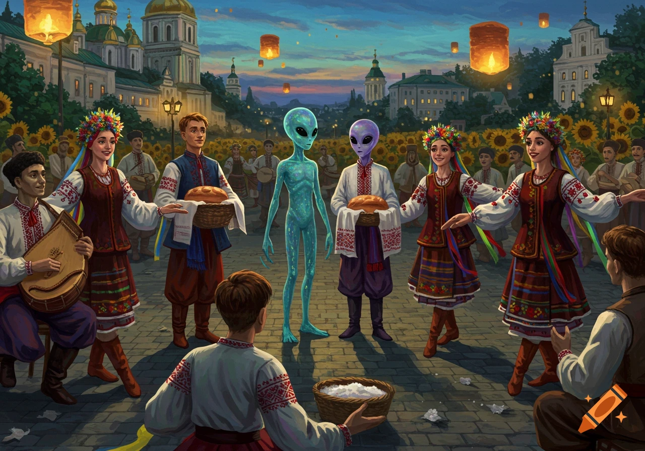 Illustrated scene of two grey aliens being welcomed by Ukrainians in traditional embroidered clothing, offering bread in a festive city square.
