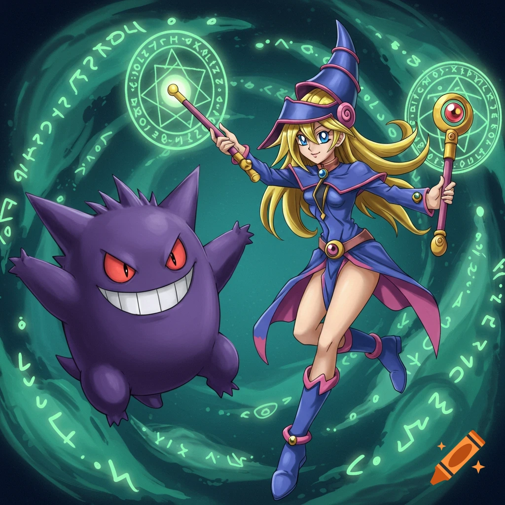 A colorful anime-style illustration of Dark Magician Girl and Gengar against a mystical green background with glowing runes.