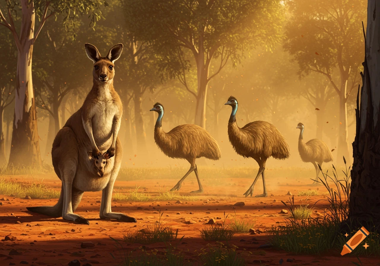 A photorealistic kangaroo with a joey in its pouch stands left, facing forward, with several emus in a sunlit Australian outback.